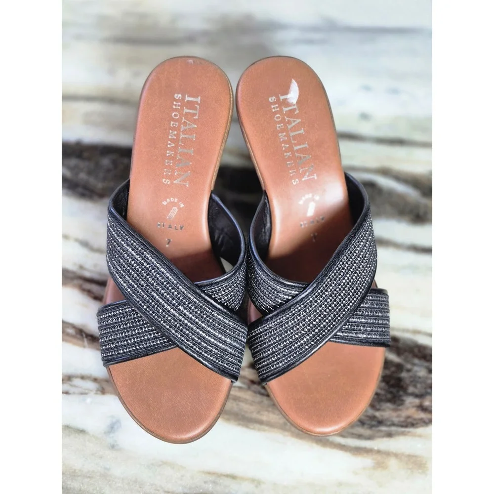 Italian Shoemakers Womens‎ Black Silver Shimmer Crisscross Wedge Sandals Size 7